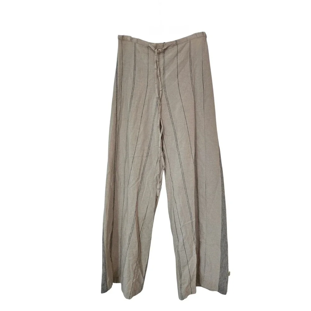 Zara Cotton Linen Blend Low Rise Pull On Striped Pants Beige Size L NWOT